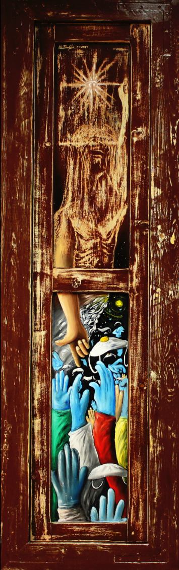 windows - 50 x 160 cm - olio e graffiti su antico scuro di legno - IconArt