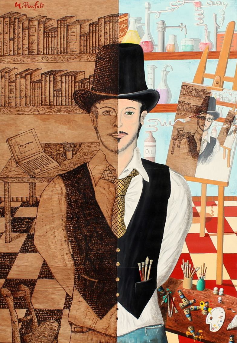 dottor Jekyll e Mr Hyde (autoritratto) 70 x 100 cm olio e pirografo su tavola