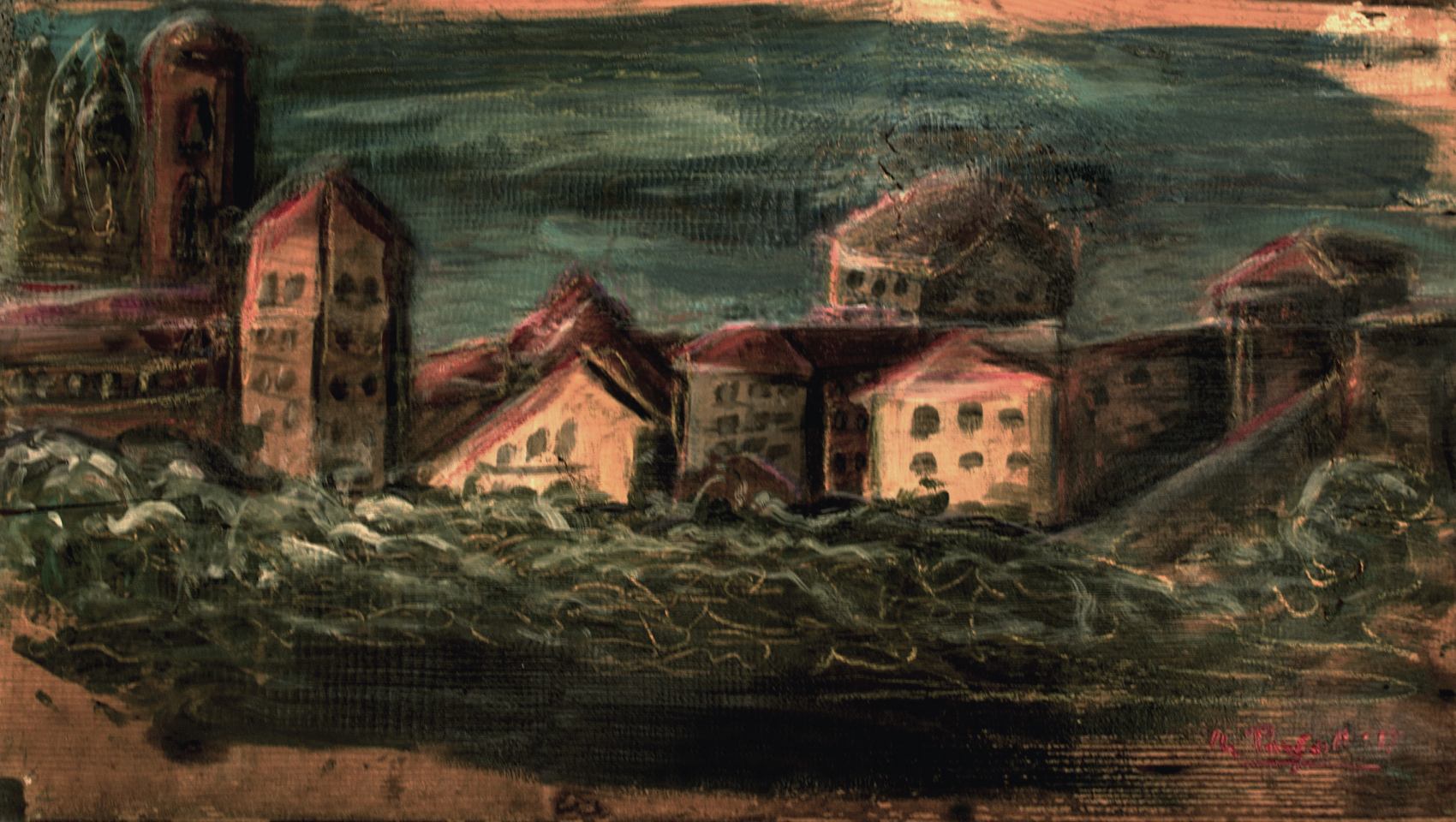 Acquapendente vista dalla fornace - 55x35 cm - acrilico e pastelli ad olio su tavola - IconArt