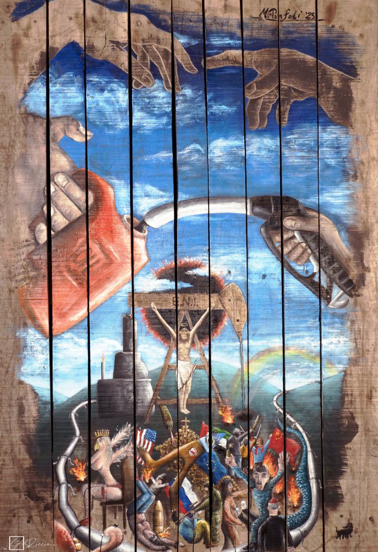 GolgoTax - 80x115 cm - olio, pirografo e parti metalliche su pallet di prodotti petroliferi - IconArt