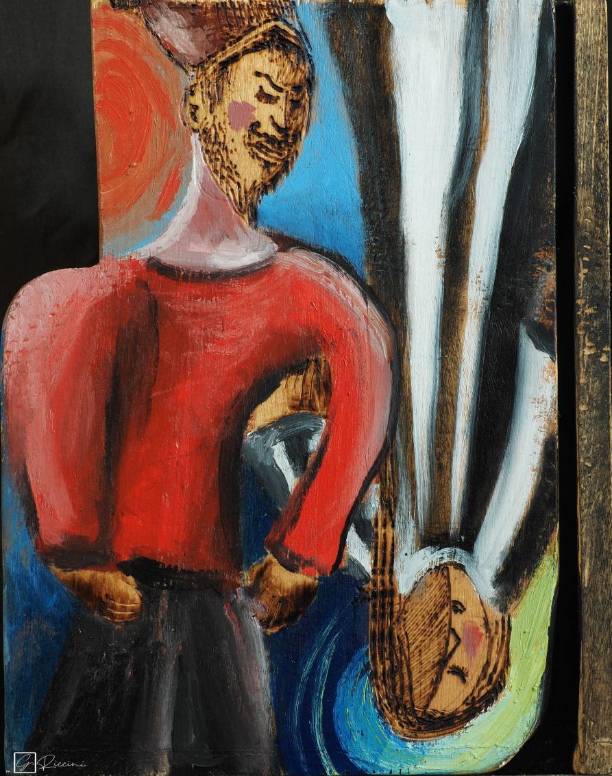 la danza del giorno con la notte - 15x19cm (irregolare) - pirografo e olio su legno - IconArt