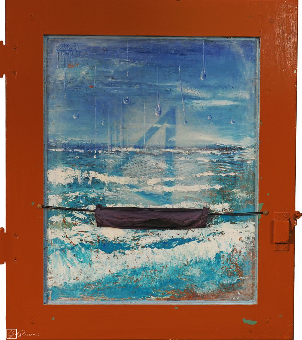 male nostrum - 53x61 cm - mascherina chiorurgica e pittura acrilica su scuro di legno - Iconart