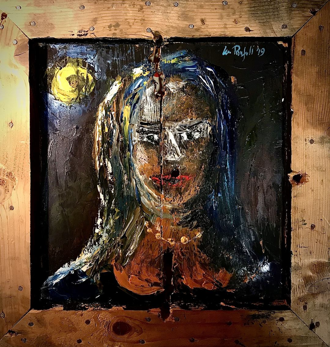 "Midnight blue"... ritratto di una notte - 35,5 X 37 cm - opera estemporanea realizzata in acrilico su antico quadro elettrico in legno - IconArt