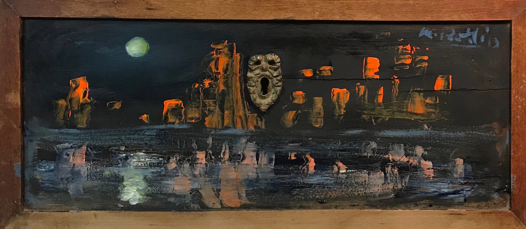 passeggiata notturna - 45x20 cm - opera estemporanea realizzata in acrilico su cassetto di legno e ottone - IconArt
