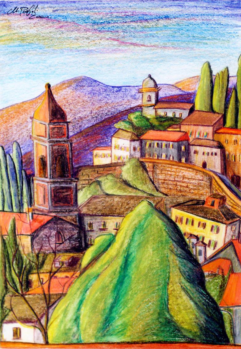 Tramonto tetti rossi ad Acquapendente 35x25 cm acquerello su cartone