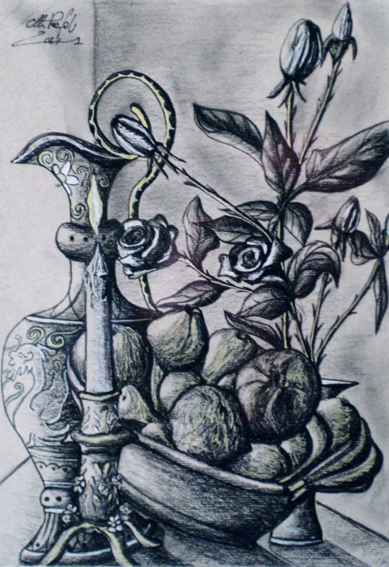 Natura morta con candela accesa 39x29 cm carboncino, penna d'oro e d'argento su cartone