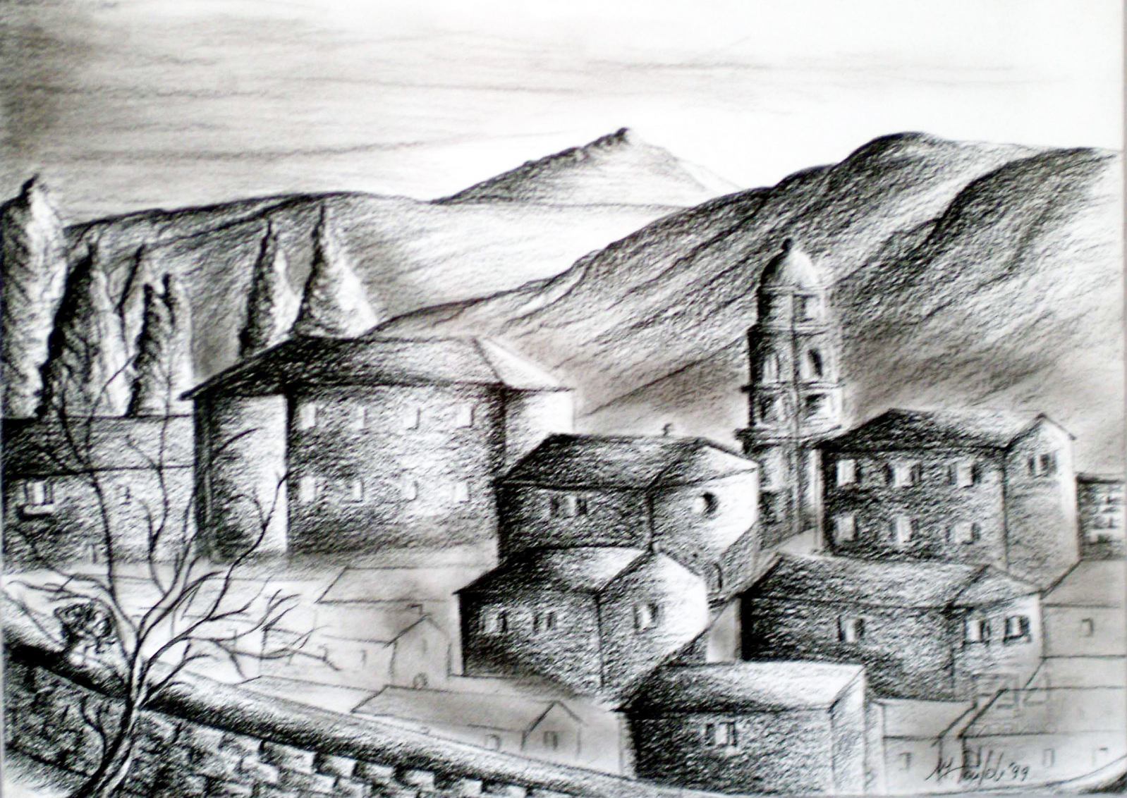 Acquapendente visione aerea 24 x 33 cm. Carboncino su carta