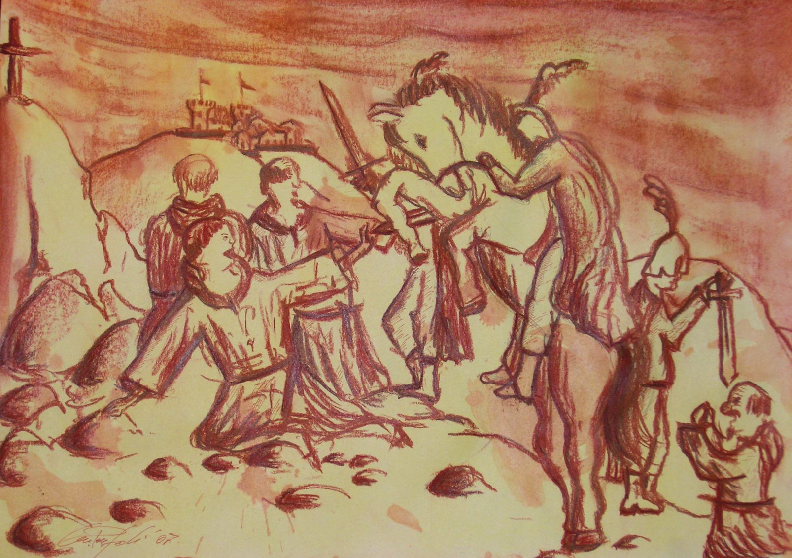 ABBOZZO PER LE 10 SCOMPOSIZIONI SULLA PASSIONE - L'IDEALE 30x42cm sanguigna e acrilico su carta