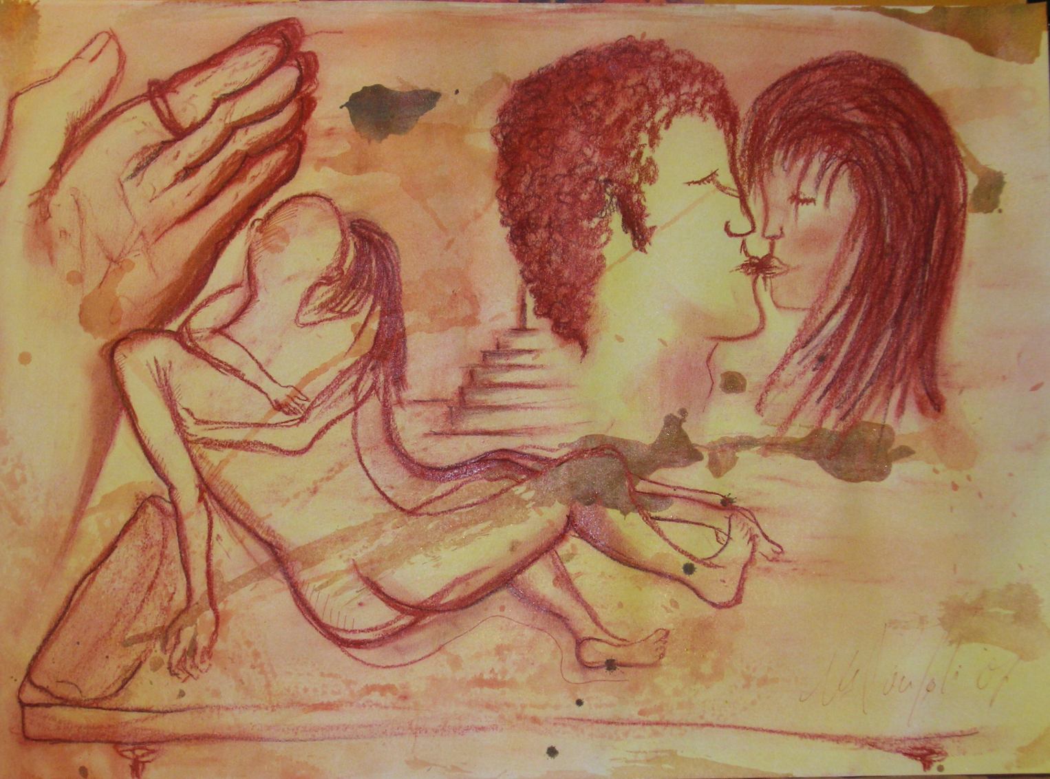 ABBOZZO PER LE 10 SCOMPOSIZIONI SULLA PASSIONE - L'AMORE 30x42 cm sanguigna e acrilico su carta