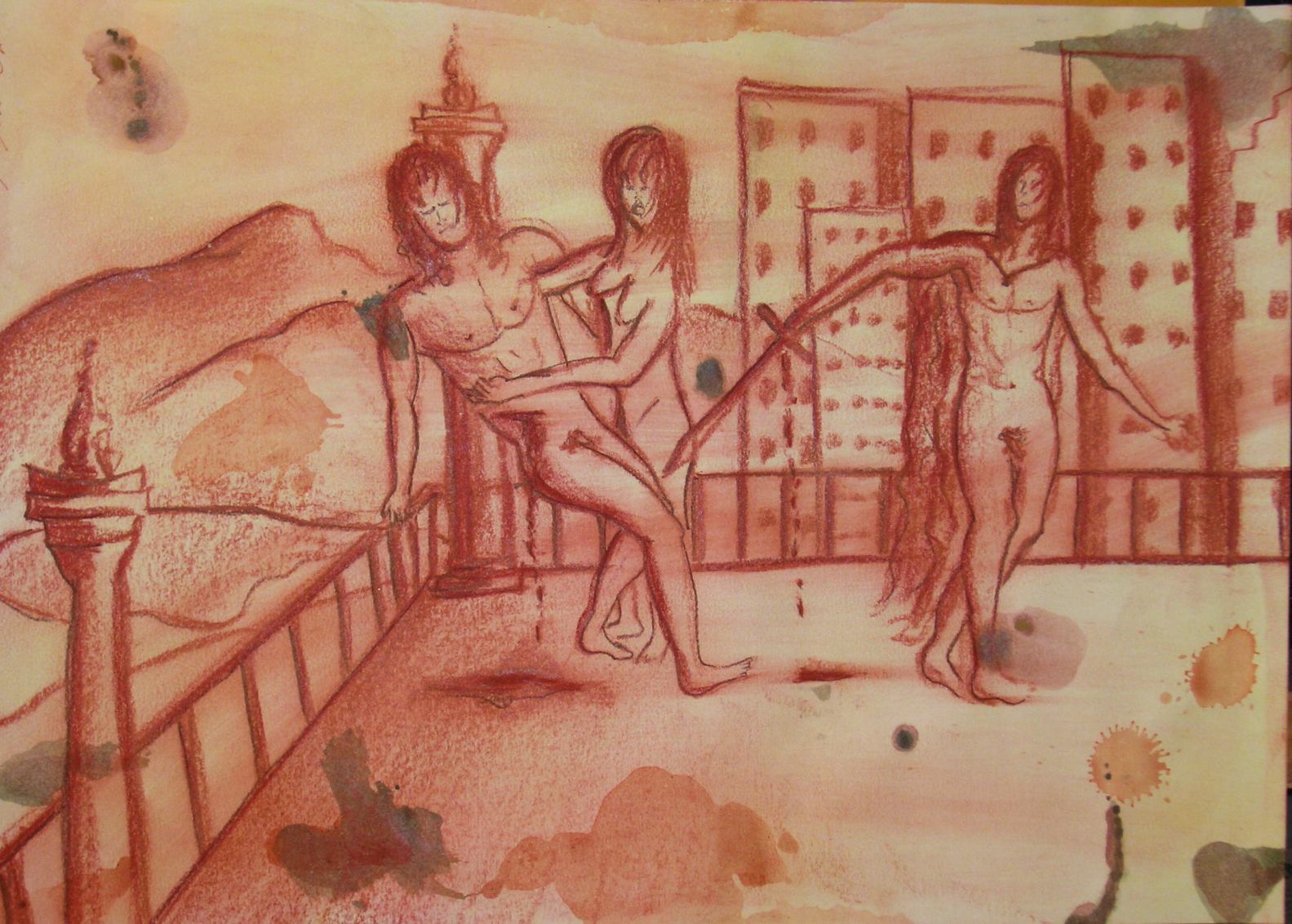 ABBOZZO PER LE 10 SCOMPOSIZIONI SULLA PASSIONE - IL DELITTO PASSIONALE 30x42cm sanguigna e acrilico su carta